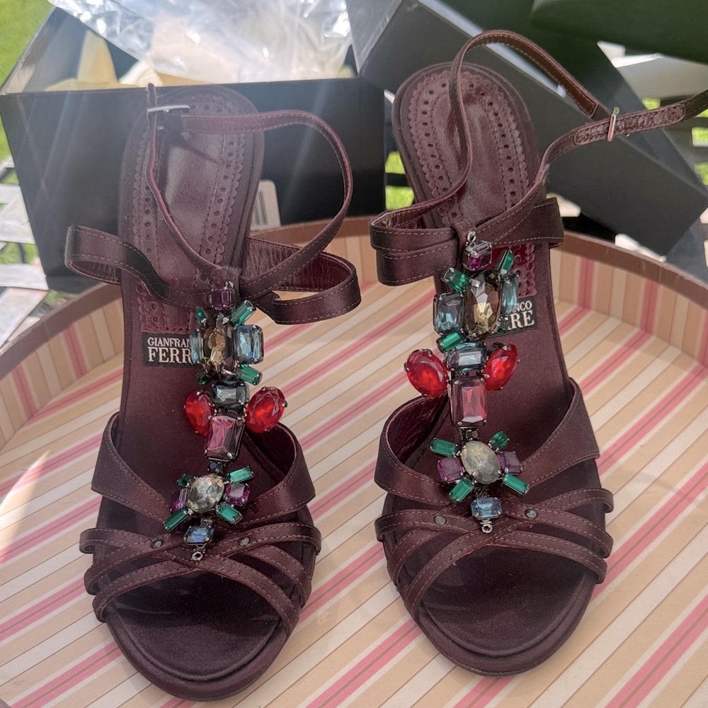 Gianfranco Ferre Dark Brown Heels with Colorful Gem Accents